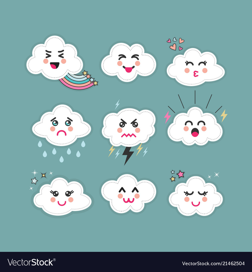 Cute abstract clouds emoji icons set on blue sky Vector Image
