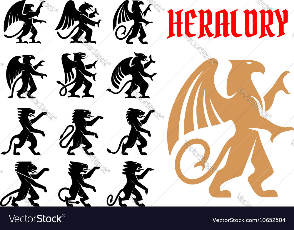 Heraldic Mythical Animals Icons Set Royalty Free Vector