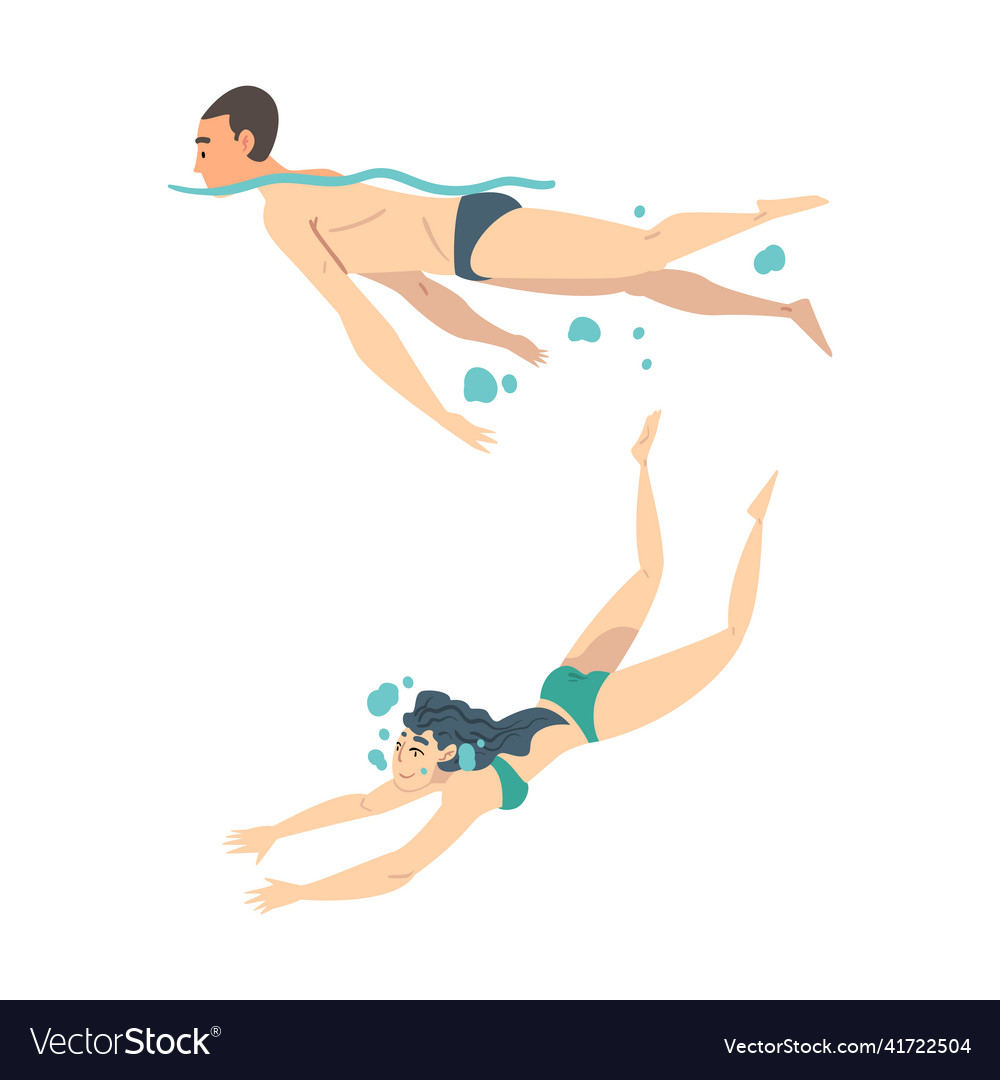 People swimming and diving in water set cartoon