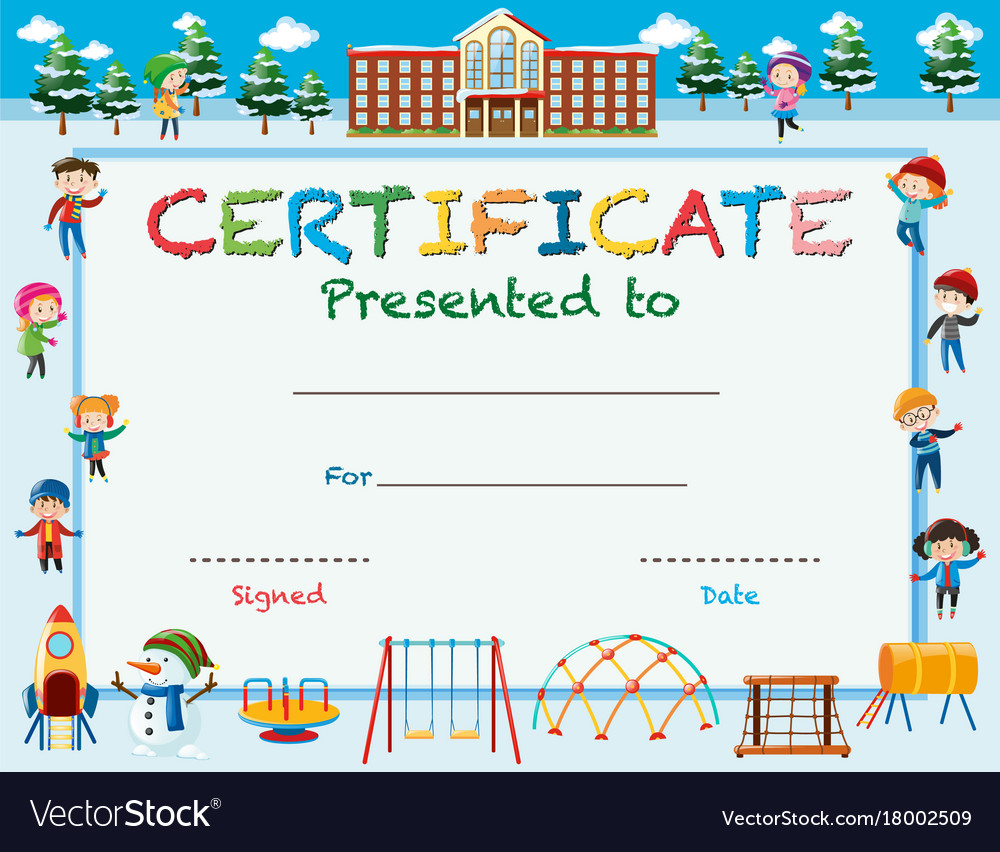 Certificate template with kids in winter at school For Certificate Templates For School