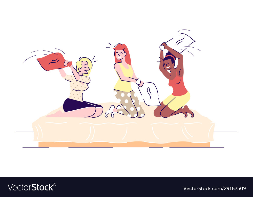 Girls Pillow Fighting Flat Female Friends Vector Image