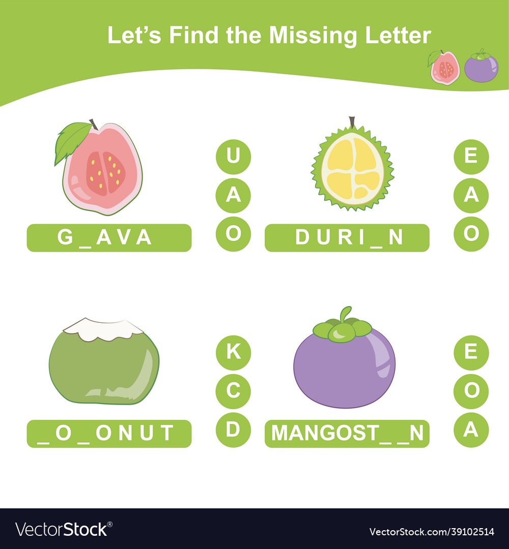 Find the missing letter of tropical fruits Vector Image