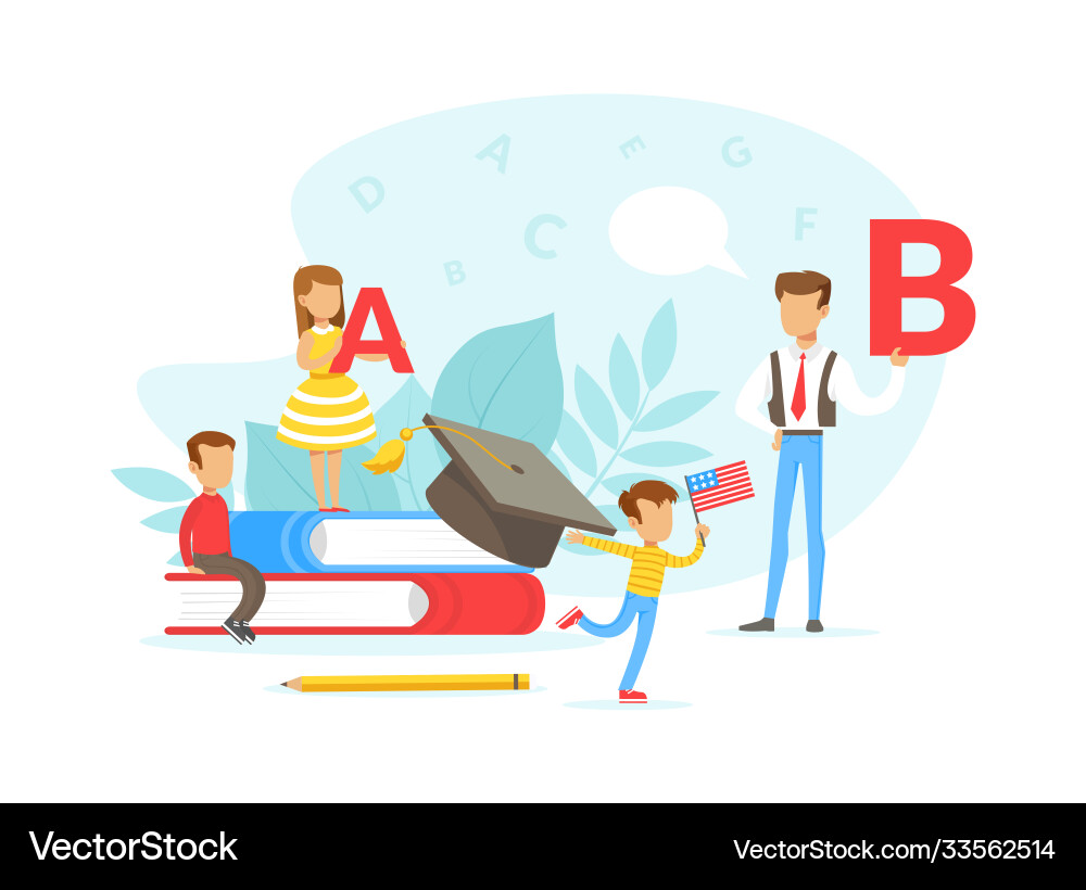 Tiny people learning foreign language teacher Vector Image