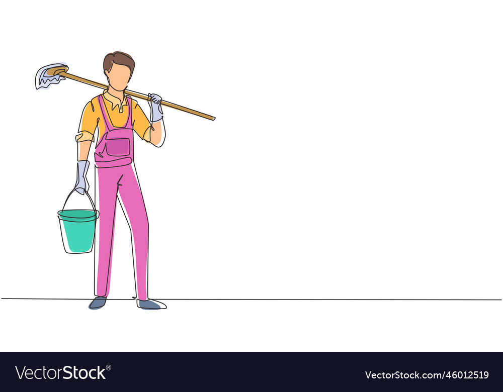 Single continuous line drawing man mopping floor Vector Image
