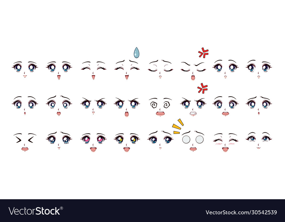 Premium Vector  Anime female characters facial kawaii expressions. manga  woman mouth, eyes and eyebrows vector illustration set. cartoon anime girls  emotions. cartoon face emotion manga comic eyes