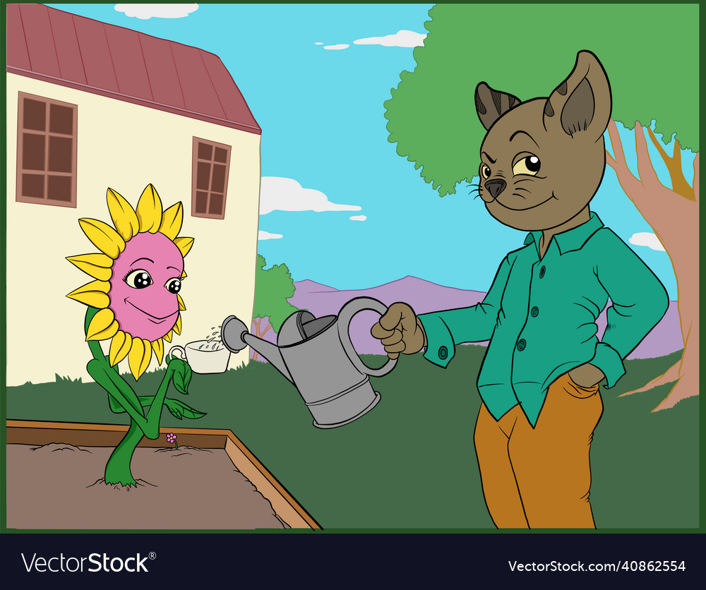 A cat character watering living flower