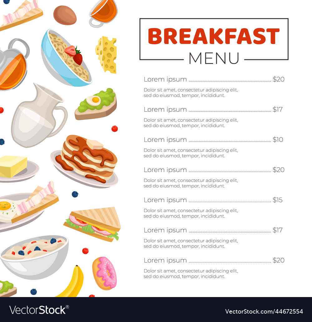 Breakfast menu template restaurant or cafe Vector Image