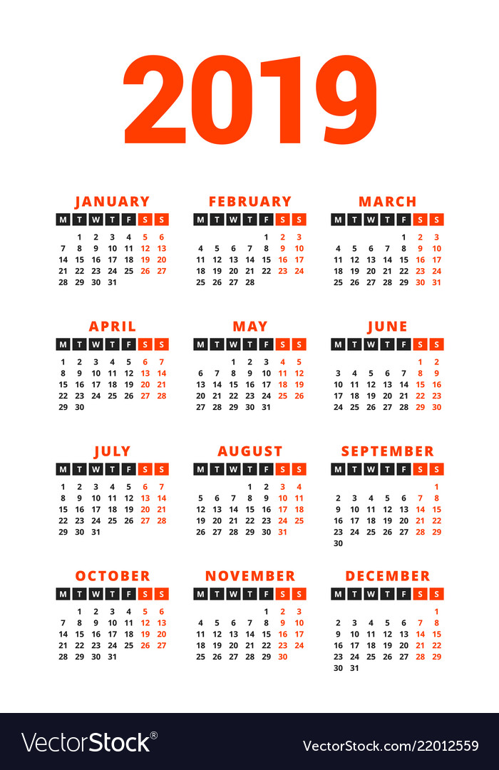 Calendar for 2019 year on white background week