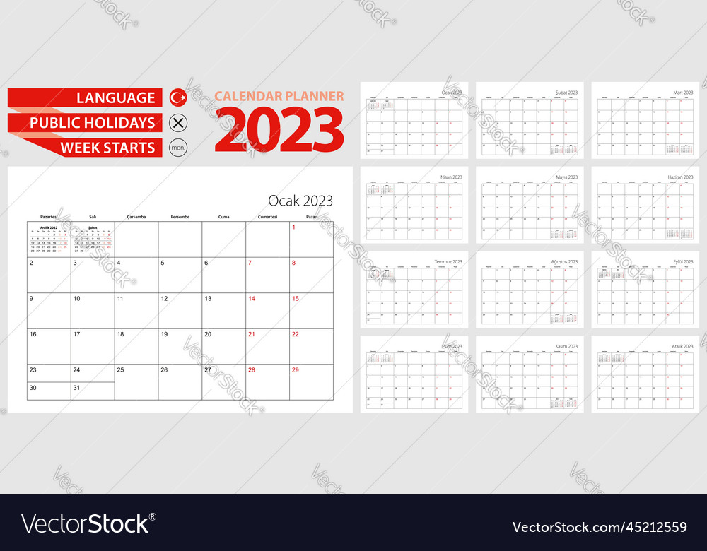 Turkish calendar planner for 2023 Royalty Free Vector Image