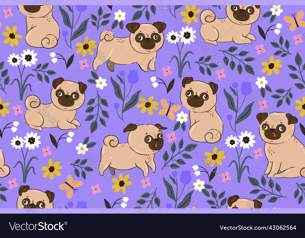 Seamless pattern with pugs and flowers vector image Seamless pattern with pugs and flowers