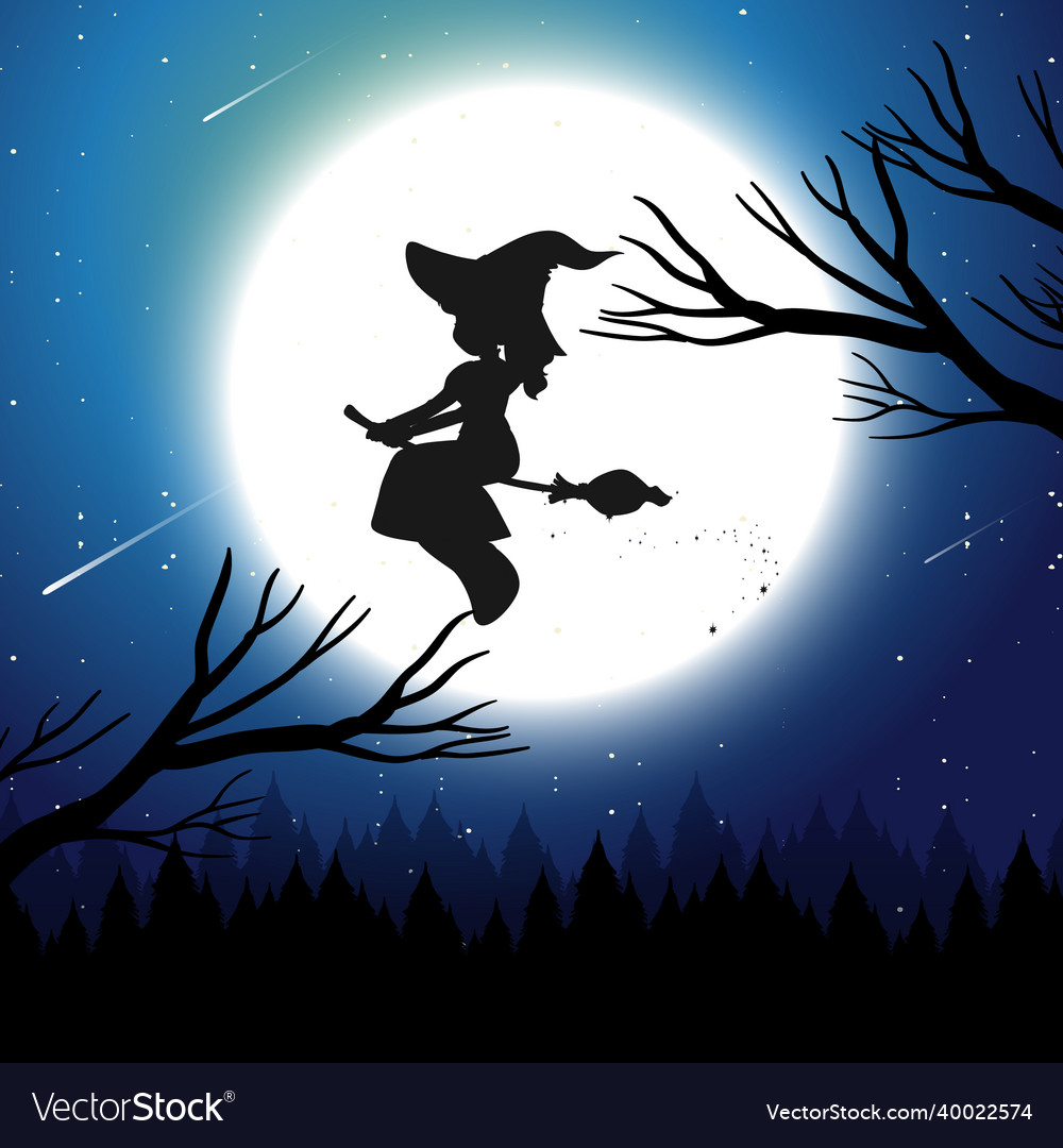 Halloween night background with witch silhouette