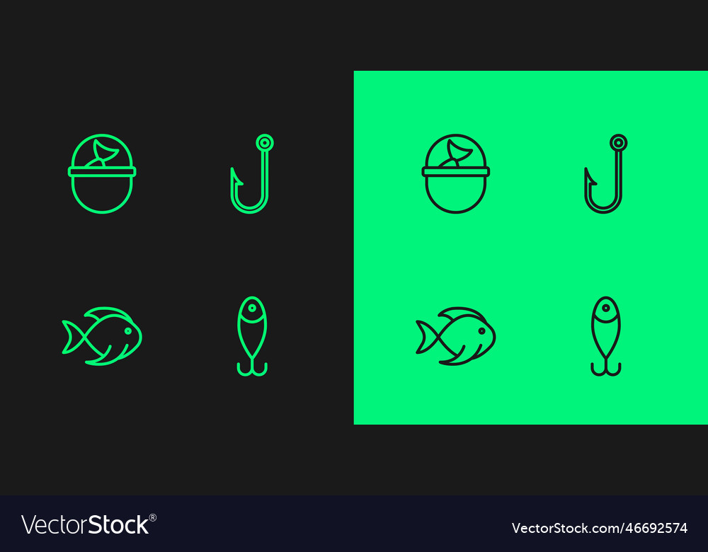 Set line fishing lure bucket with fish and hook Vector Image