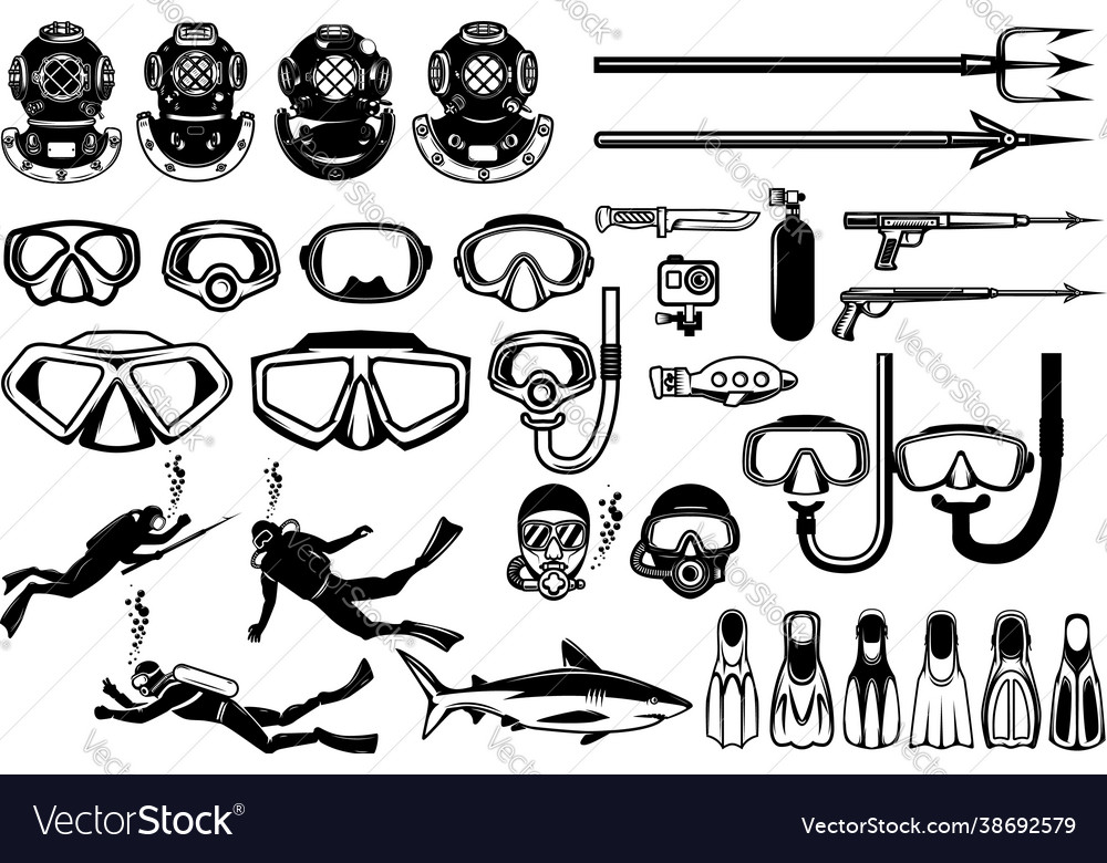 Big set diver design elements diver helmet Vector Image