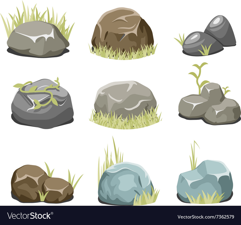 Rocks with grass stones and green grass on white Vector Image