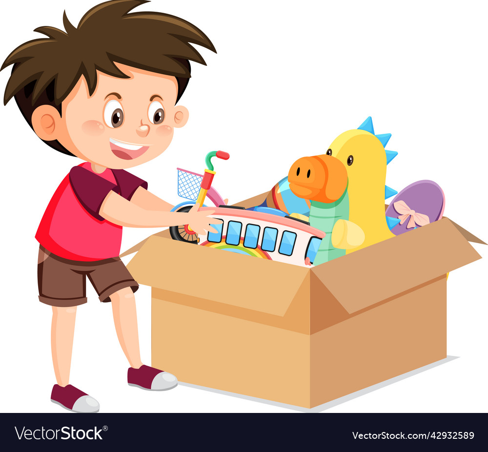 A boy putting his toy into the box Royalty Free Vector Image