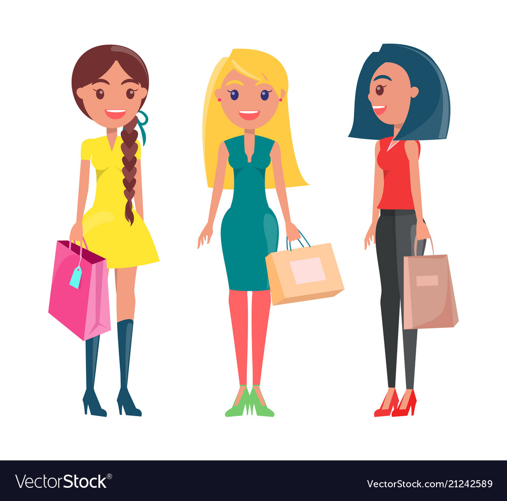 Happy women on shopping adult girls with packets Vector Image