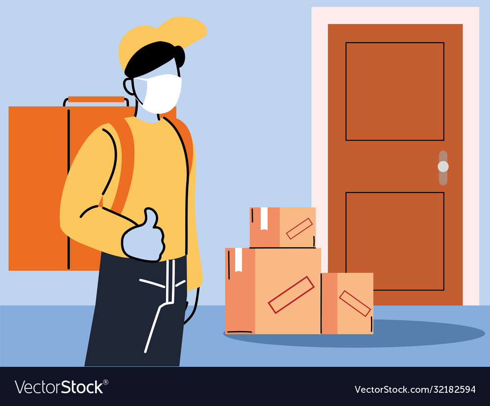 Safe delivery man courier in a mask delivers Vector Image