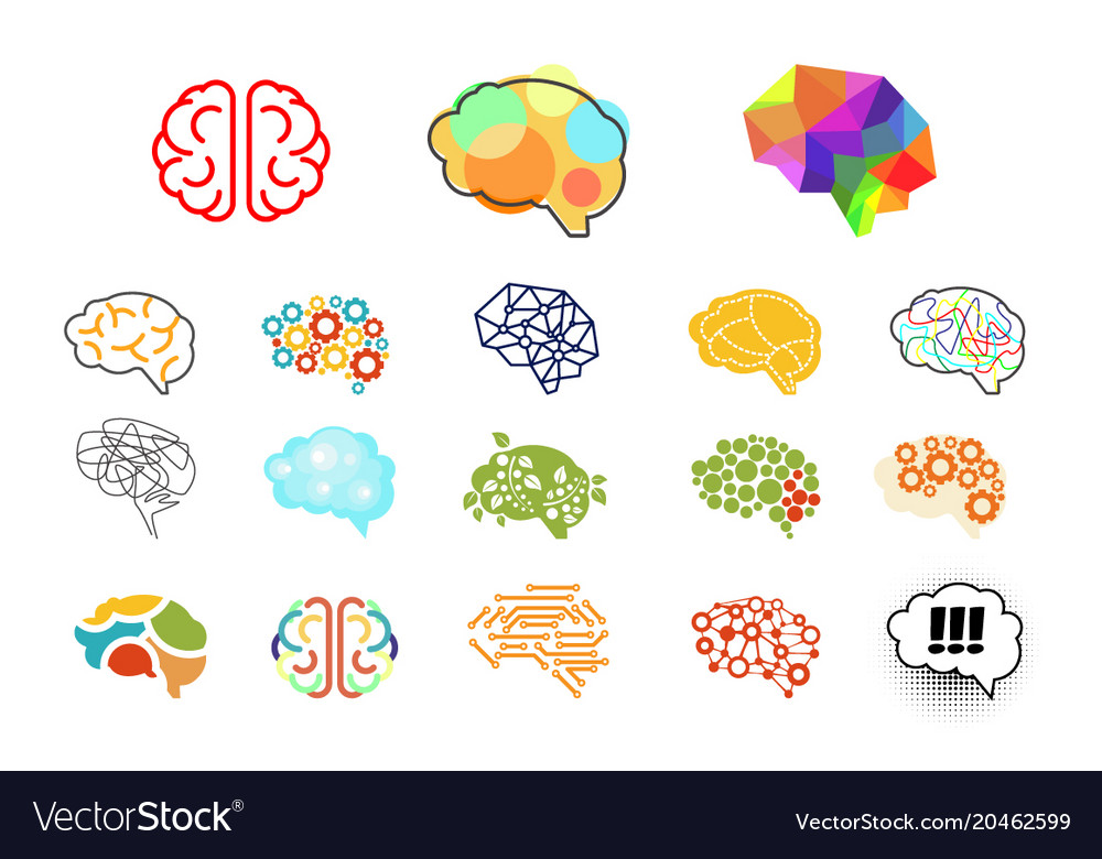 Human brains in various styles mind icons set