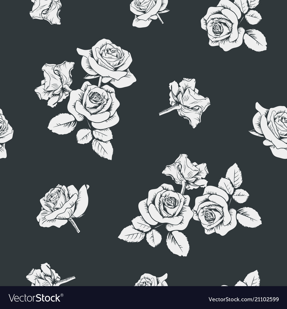 White Roses On Black Background Seamless Pattern Vector Image