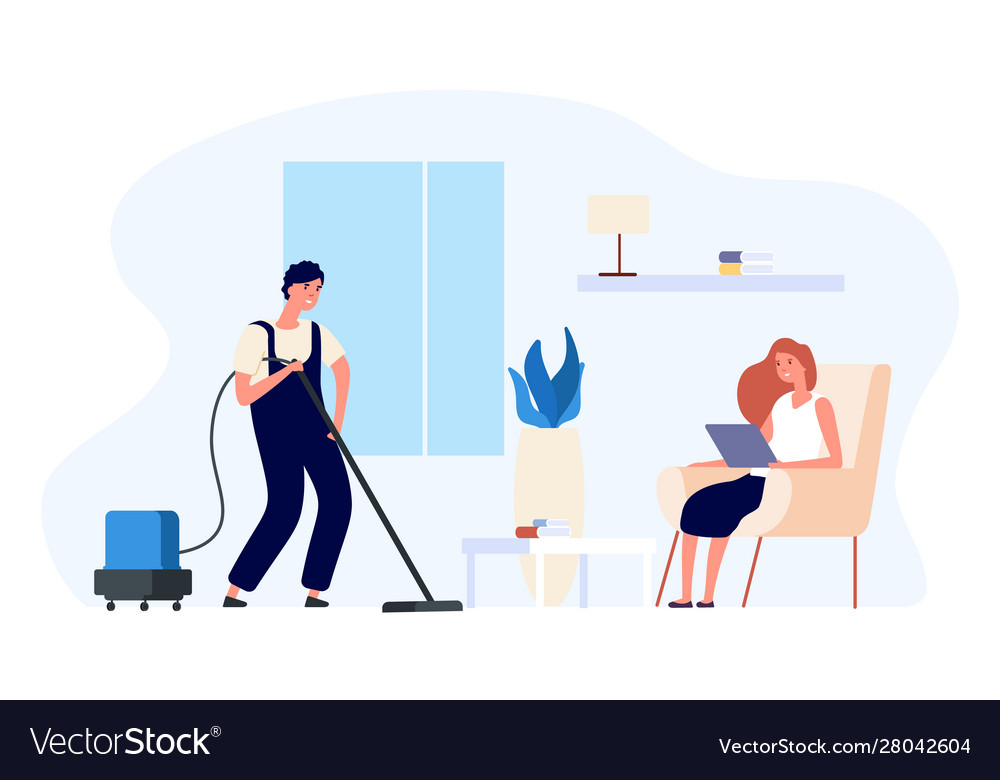 Man vacuums man cleans house happy Royalty Free Vector Image