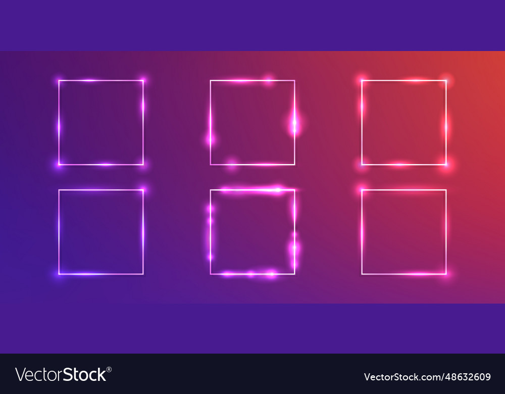 Set of six neon frames with shining effects