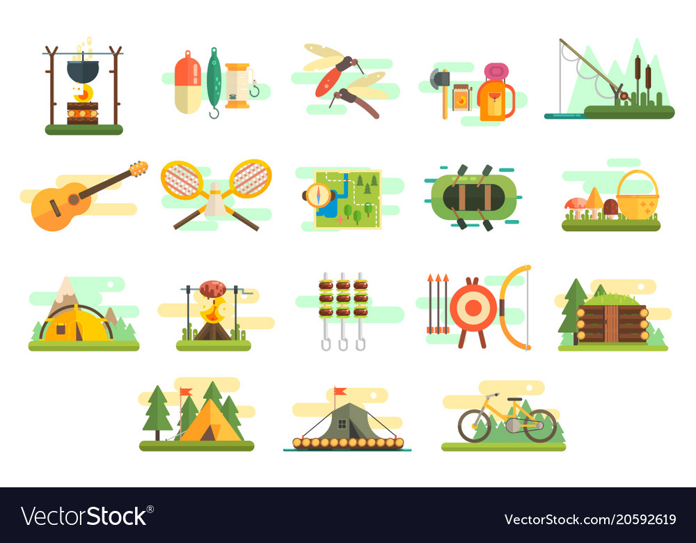 Camping icons set hiking and fishing equipment