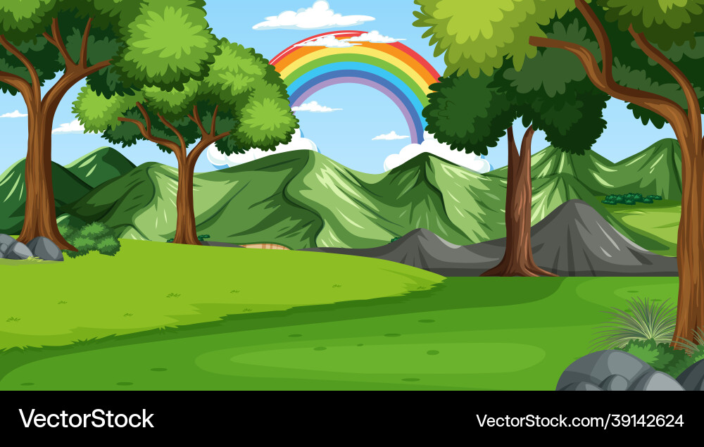 Nature scene background with rainbow in the sky Vector Image