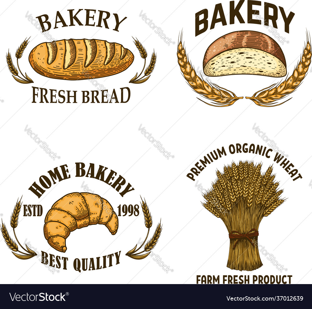 Bakery set emblems with bread in engraving Vector Image