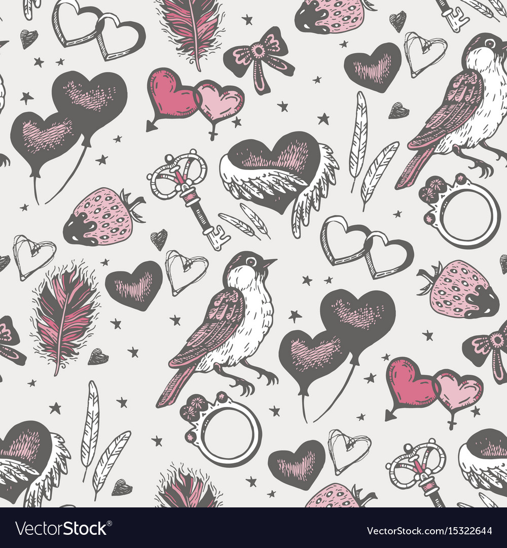 Bird with pink heart seamless pattern