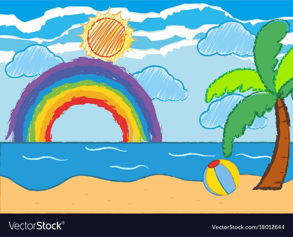 Ocean scene with rainbow and sun Royalty Free Vector Image