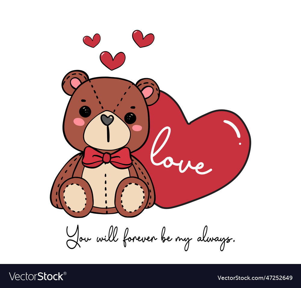 Cute innocence smile teddy bear sit next to red Vector Image