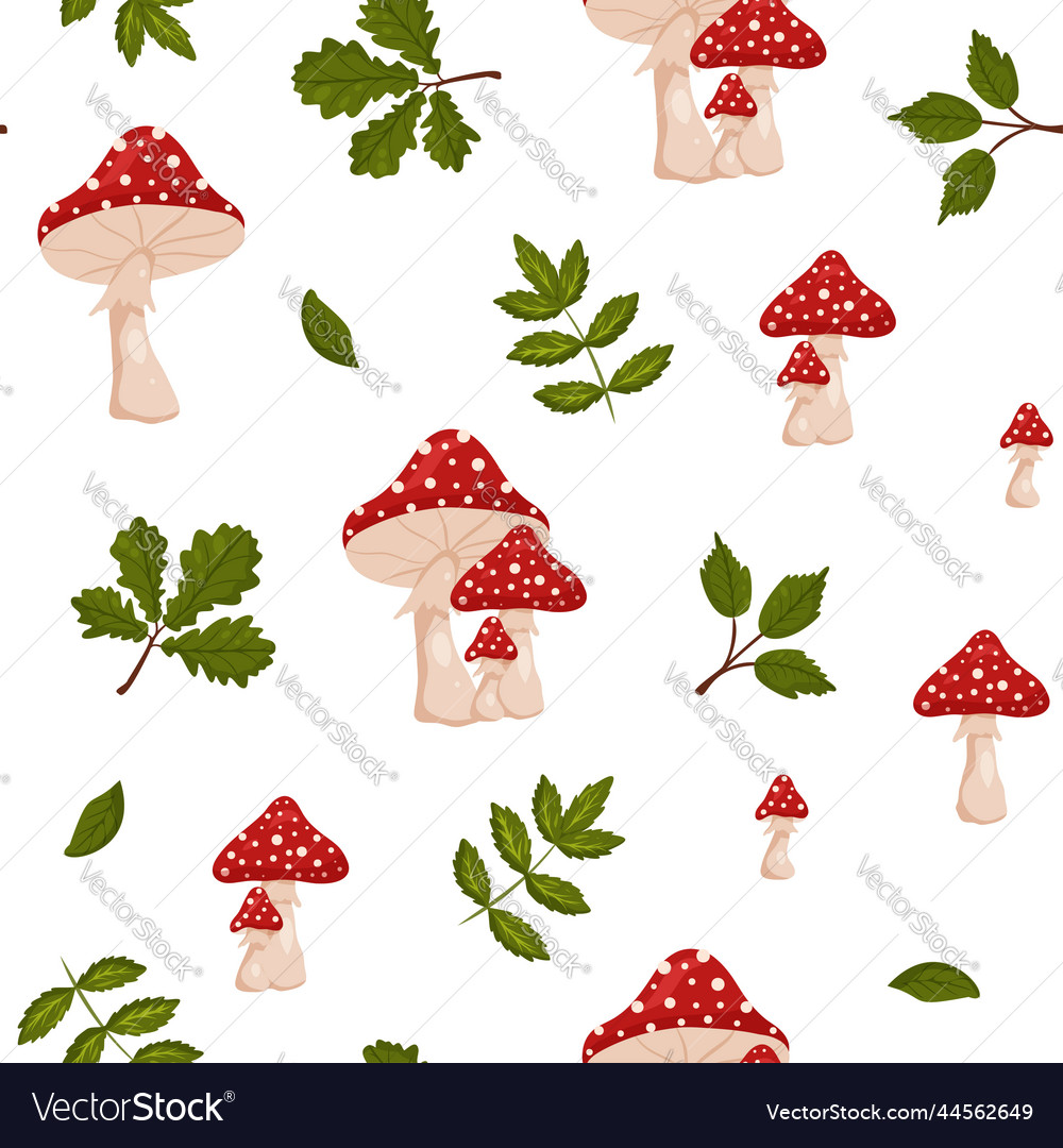 Seamless pattern of fly agarics and green leaves Vector Image