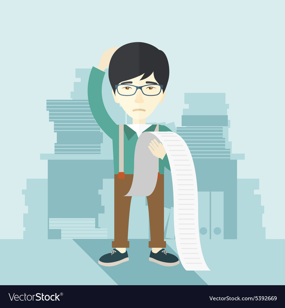 Sad japanese employee holding a list of payables Vector Image