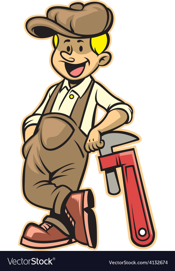 Plumber lean over the plumb wrench Royalty Free Vector Image