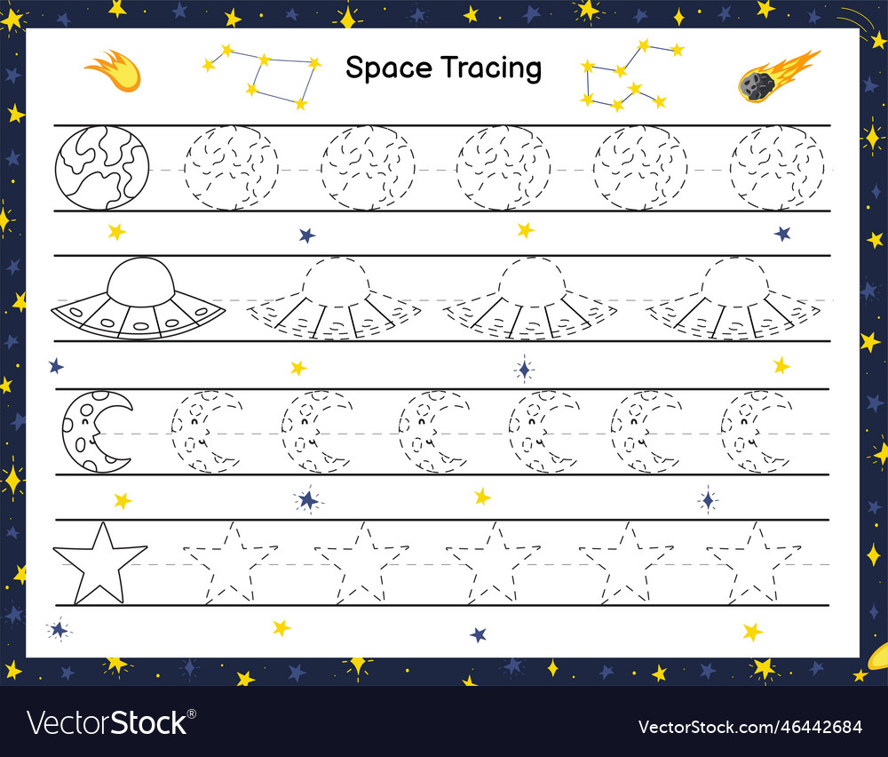 Trace space objects activity page for kids Vector Image