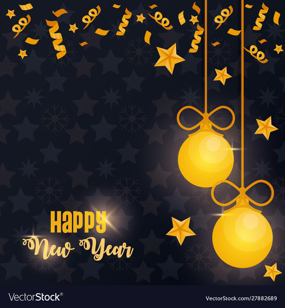 Happy new year card with balls hanging