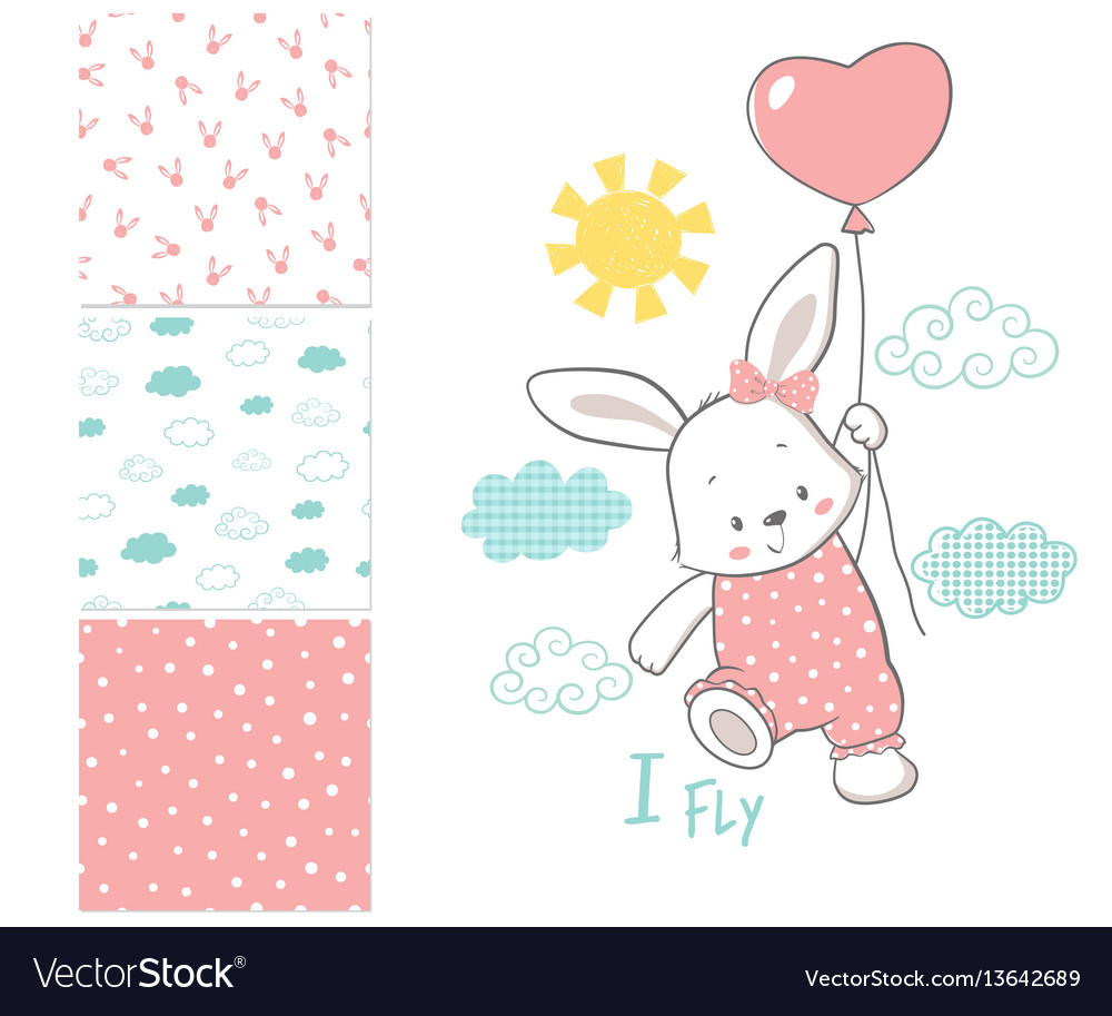 Little bunny is flying in a balloon surface vector image Little bunny is flying in a balloon surface