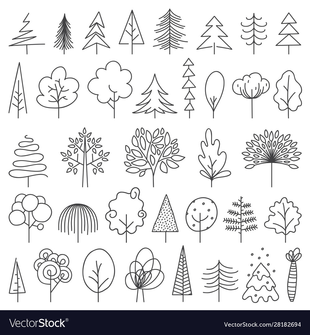 Set green doodle sketch trees on white Royalty Free Vector