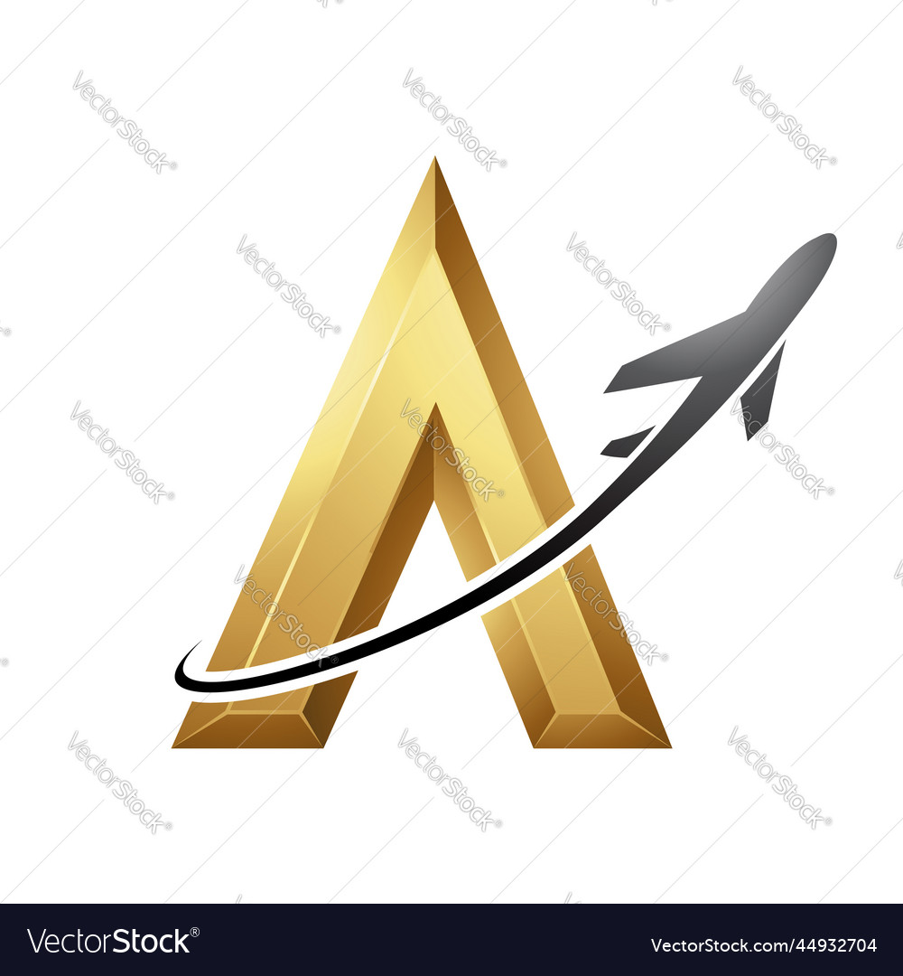 Airplane flying around a golden embossed letter Vector Image