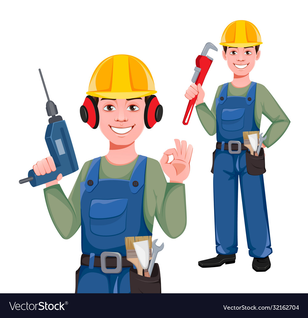 Builder cartoon character set two poses Royalty Free Vector