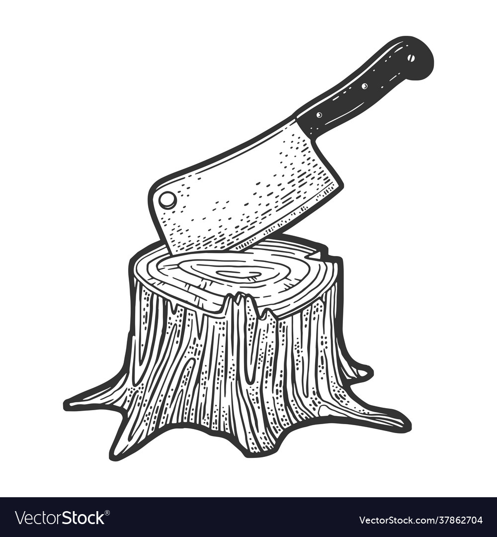 Kitchen cleaver stuck in tree stump sketch Vector Image