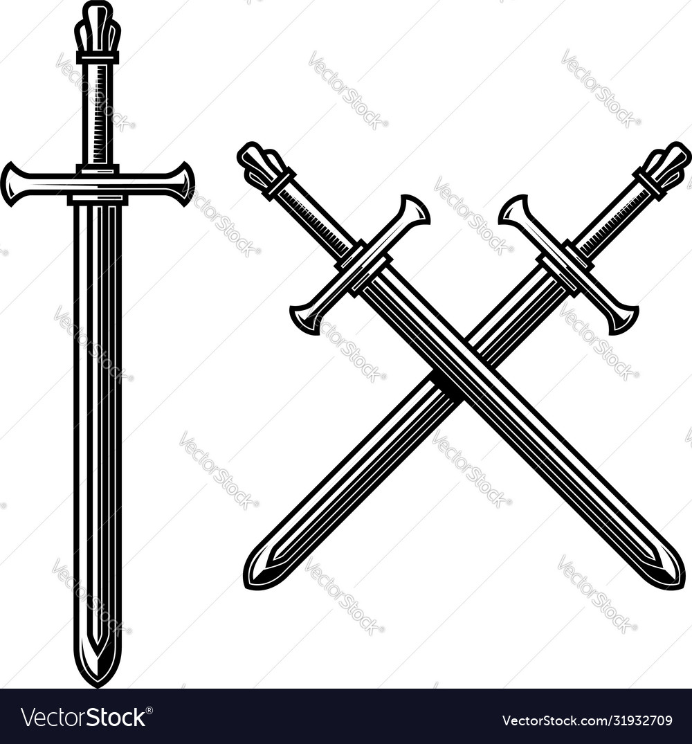 Crossed knight swords in engraving style design Vector Image