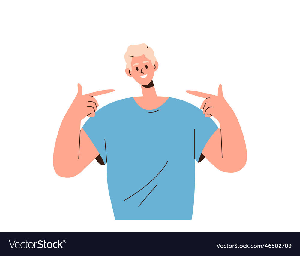 Young smiling boy student pointing at himself with