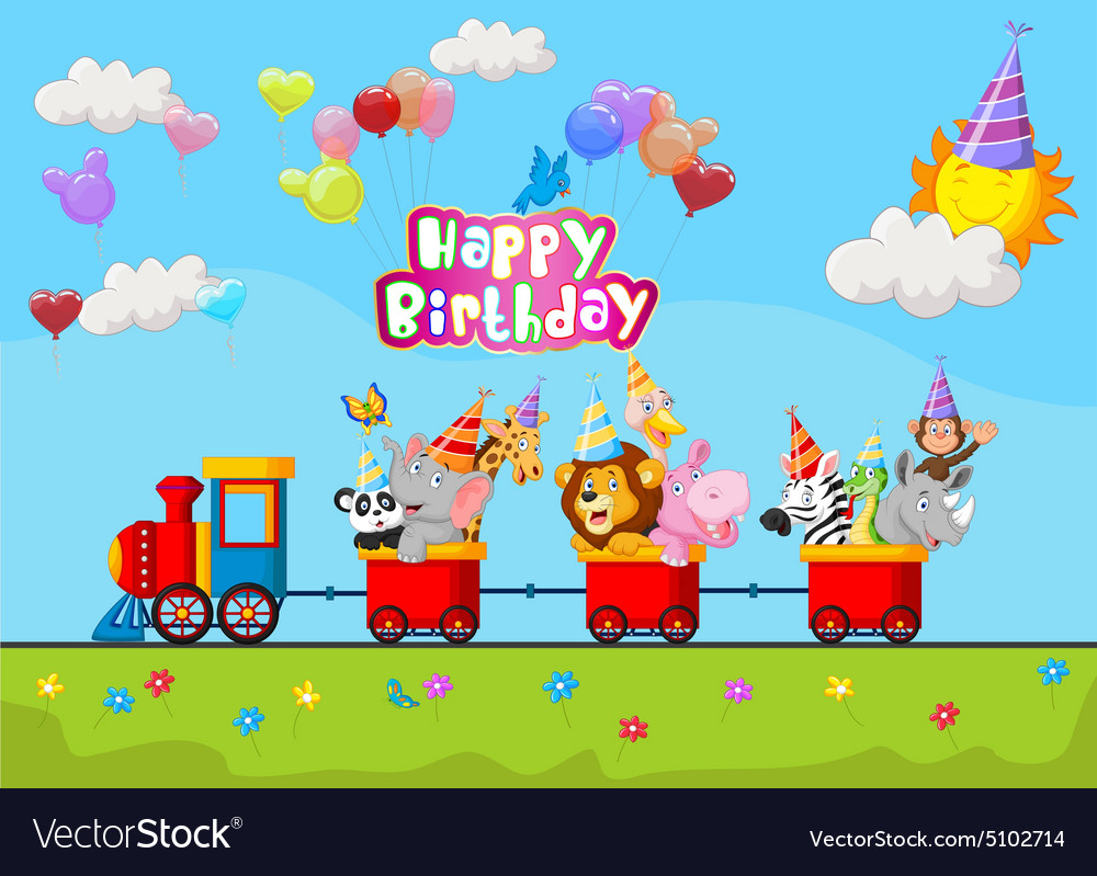 Birthday background with animal on train Vector Image