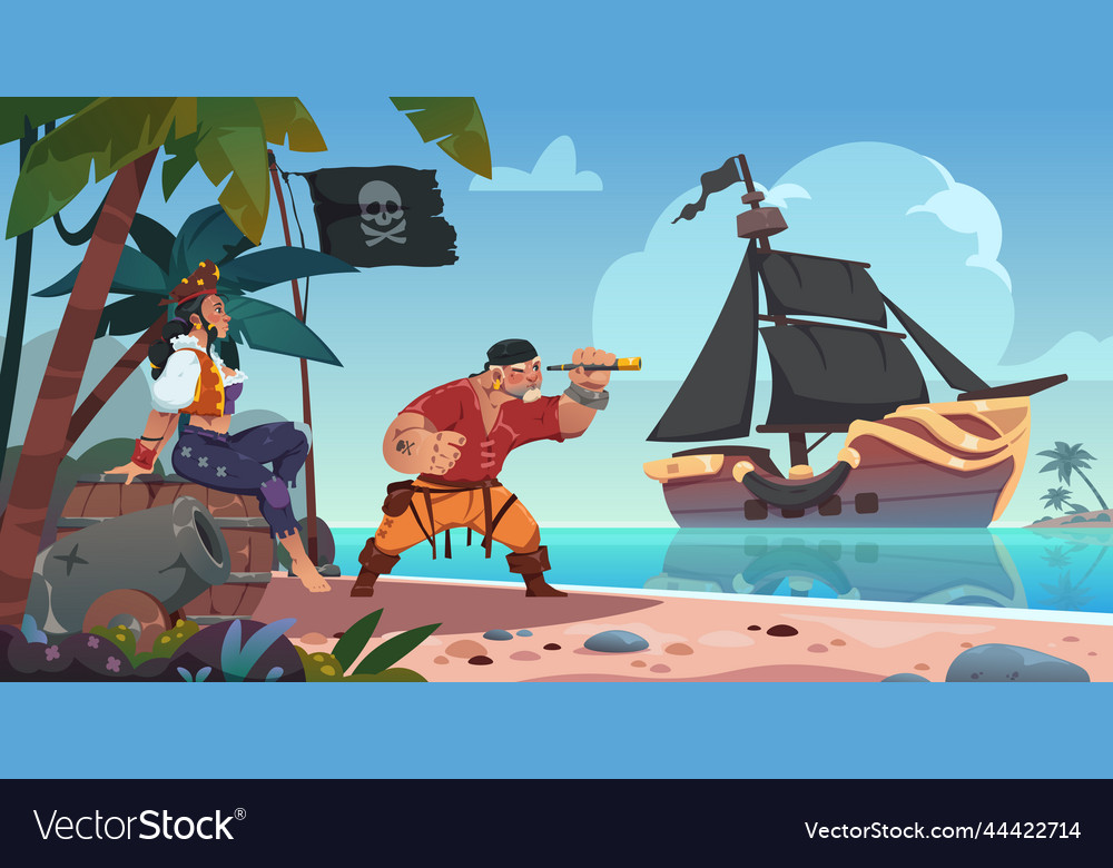 Pirates on tropical island sea landscape Vector Image