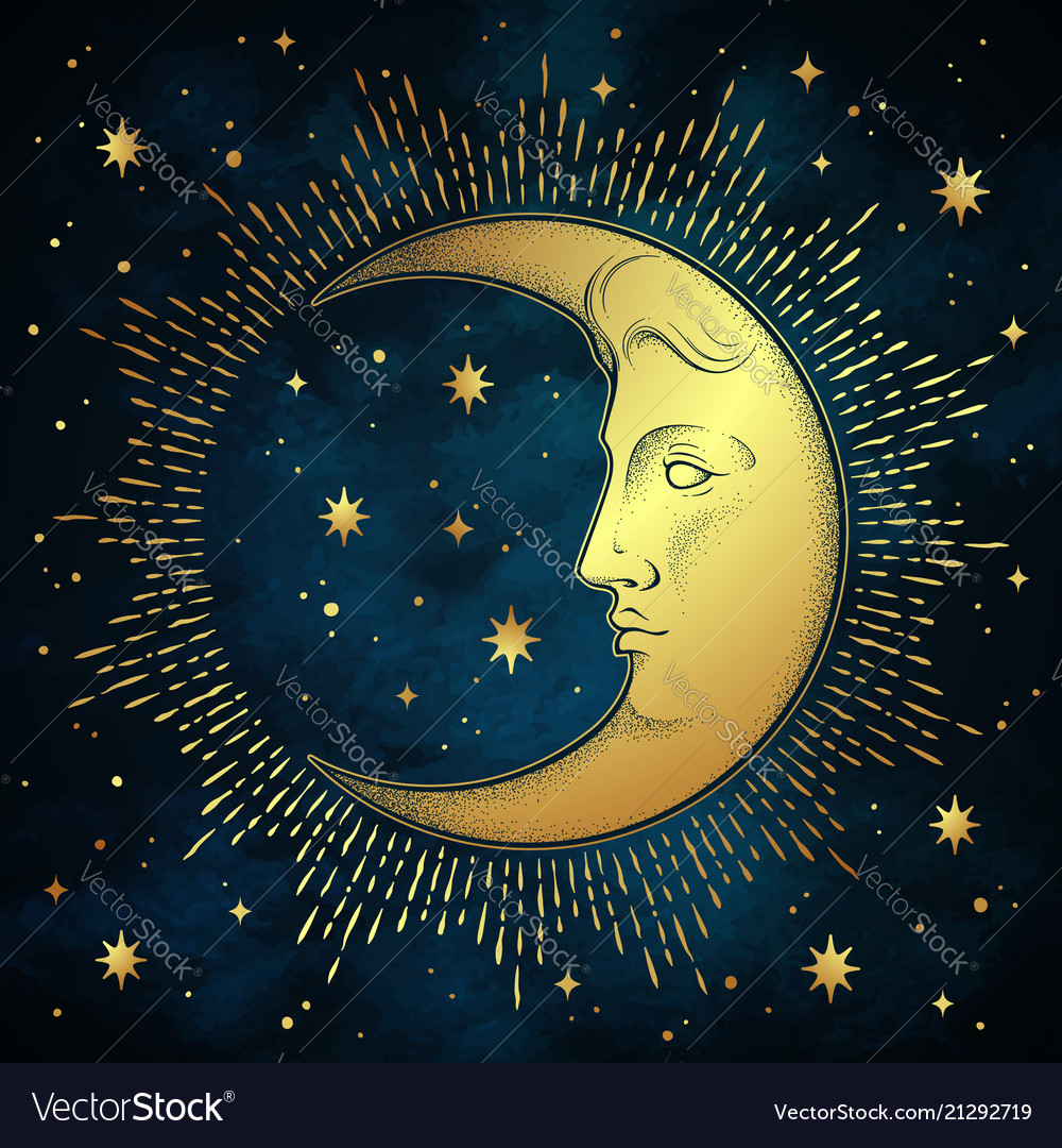 Celestial golden crescent moon pattern with face Vector Image