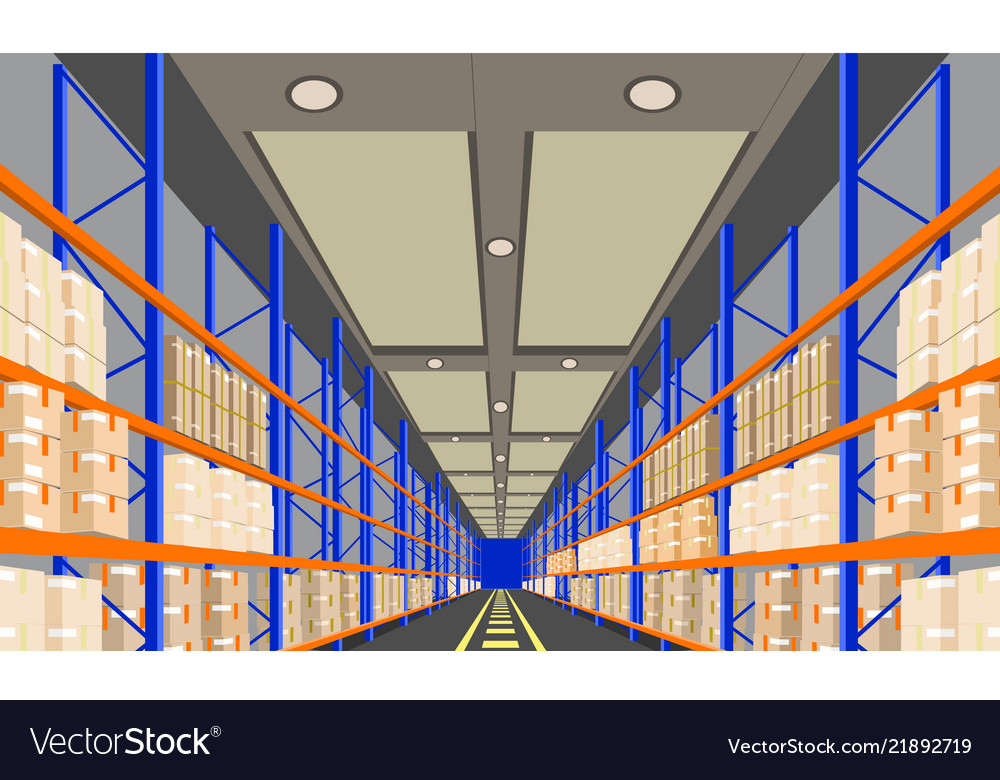 Warehouse interior with boxes on rack perspective Vector Image