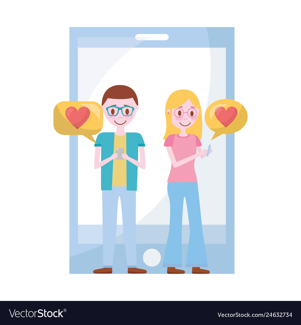 Young couple with smartphone and set icons