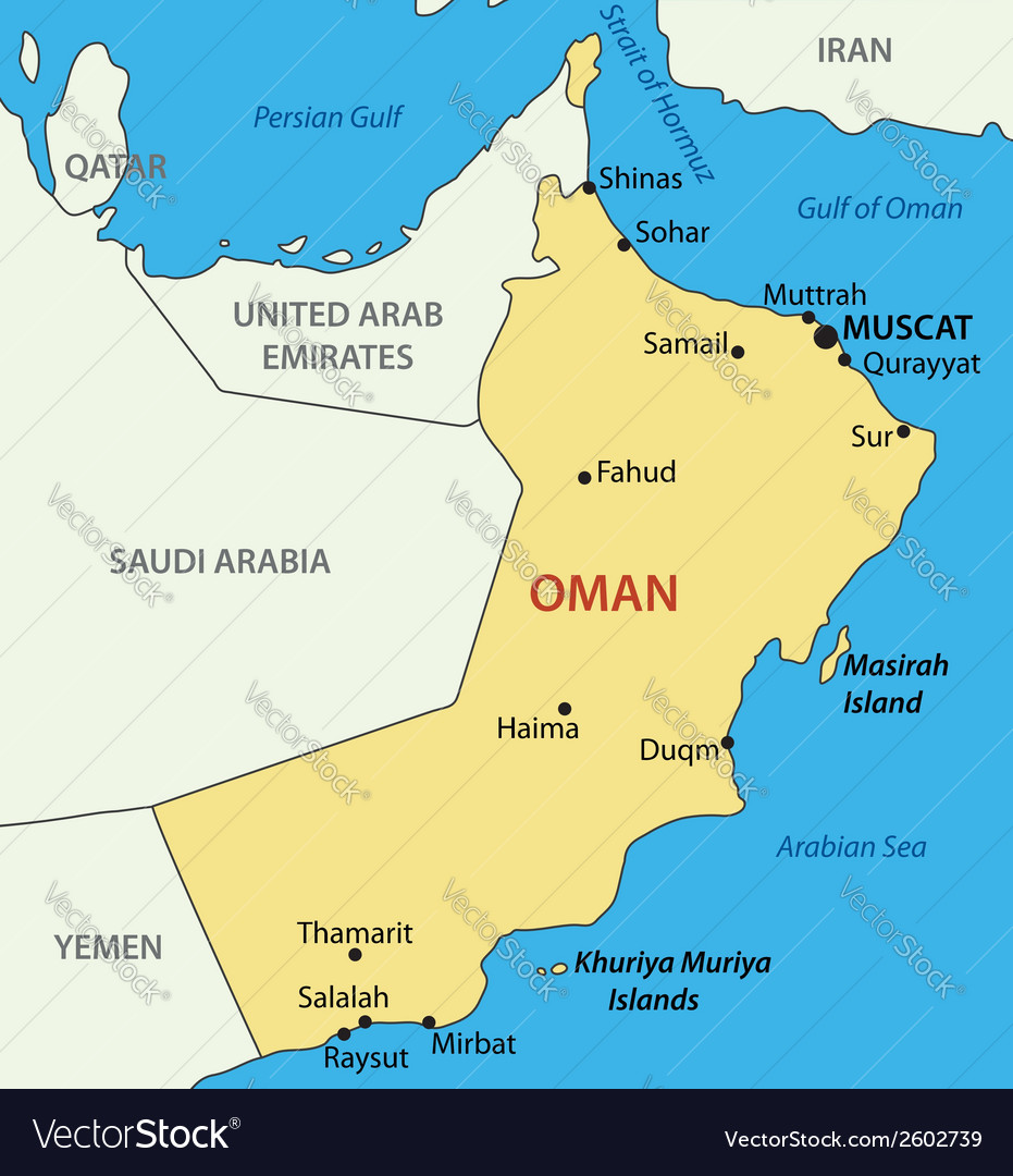 Gulf Of Oman On Map Sultanate Of Oman - Map Royalty Free Vector Image