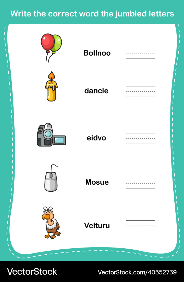 Write the correct word the jumbled letters Vector Image